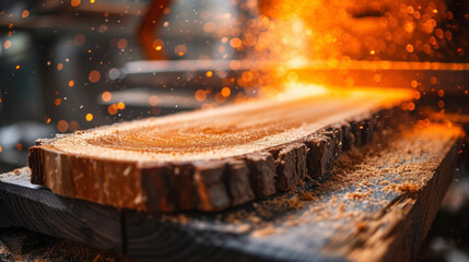 A saw blade being slowly lowered onto a piece of wood capturing the raw power and strength of this essential tool.