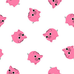 Hand drawn cute cartoon seamless pattern with piggy bank. Flat vector moneybox for savings print in colored doodle style. Investment. Business or bank deposit background, wrapping or wallpaper.