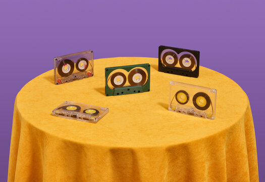 Idea of disco. Music vintage and audio theme. Audio cassettes, rock music party.