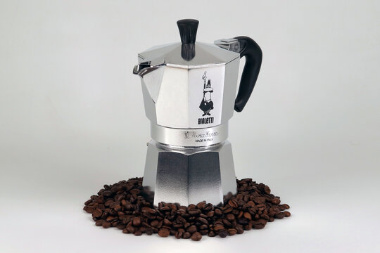 Italy, year 2024, Bialetti coffee maker, still life photo, typical Italian tool for making coffee, illustrative editorial