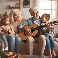  Grandfather playing the guitar for grandmother and children sitting on the sofa in their home. Retired grandparents entertain happy and smiling grandchildren with music on acoustic guitar and bonding