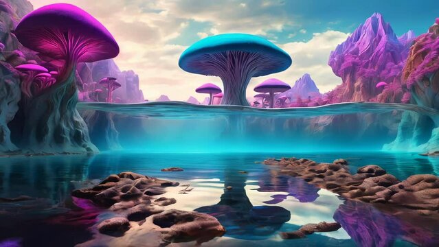 Mushroom fantasy landscape reflection in suspended water
