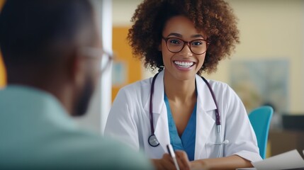 Happy, black woman or doctor consulting a patient in meeting in hospital for healthcare feedback or support.