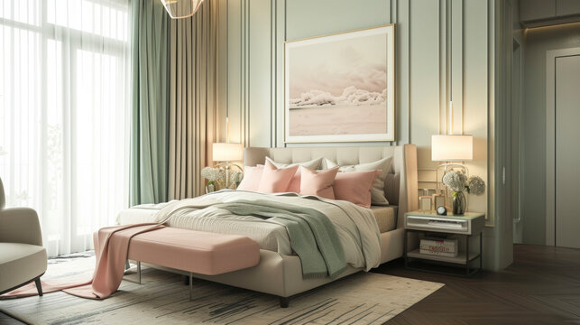 This master bedroom takes a more subdued approach to the colorful modernism theme incorporating soft pastel shades like blush pink and mint green for a calming and elegant