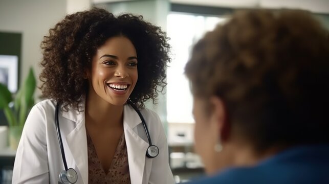 Happy, Black Woman Or Doctor Consulting A Patient In Meeting In Hospital For Healthcare Feedback Or Support.