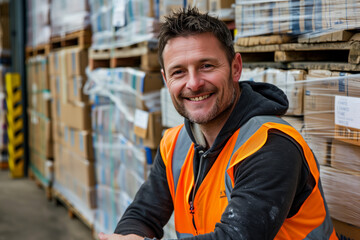 Happy warehouse worker in an orange safety vest with packages and pallets in the background