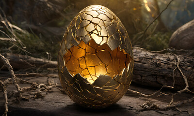 Capture the symbolism of a cracked gold Easter egg | The Easter season | Easter Egg Monday | | Easter Monday - obrazy, fototapety, plakaty