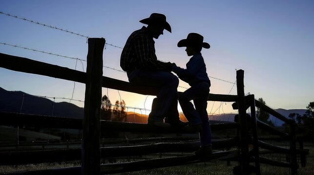 Father and son: communication at sunset. Silhouette of two cowboys against the backdrop of sunset.