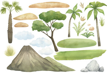 Watercolor illustration of a set of hand drawn landscape elements: mountains, trees, grass, clouds, rocks and sand isolated. Constructor