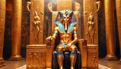 Obraz premium The beautiful Egyptian goddess-pharaoh Tutankhamun sits on a golden throne in the temple of Thebes