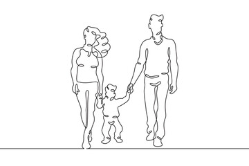 Friendly family on a walk. Parents hold the hands of their children. Family portrait. One continuous line . Line art. Minimal single line.White background. One line drawing.