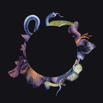 Frame with watercolor purple Iris flower and snake isolated on black. Gothic floral circle frame hand drawn. Dark botanical decoration for packaging. Element for design stationery, card, printing
