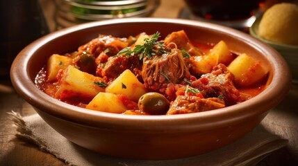 Spanish dish Callos a la Madrilena, typical stew with beef tripe, serving with olives - obrazy, fototapety, plakaty
