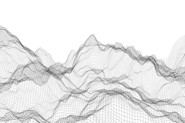 Futuristic wireframe mesh mountains on white net background in 3D