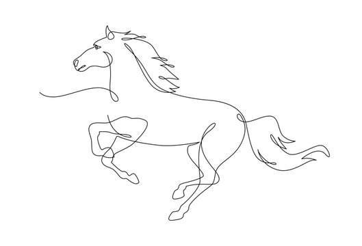 Continuous line drawing horse running, Side view single linear decorative design concept. Horse linear minimal style, Hand drawn isolated on white background. Vector design illustration.
