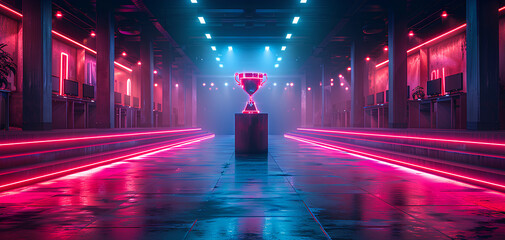 esports winner trophy standing on the stage in the middle of the arena video game championship - obrazy, fototapety, plakaty