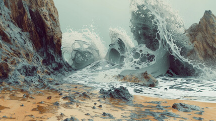 A surreal scene where the sea collides with the sandy coastline - obrazy, fototapety, plakaty