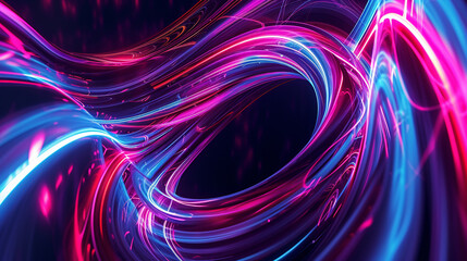 A swirling vortex of neon ribbons suspended in a dark void - obrazy, fototapety, plakaty