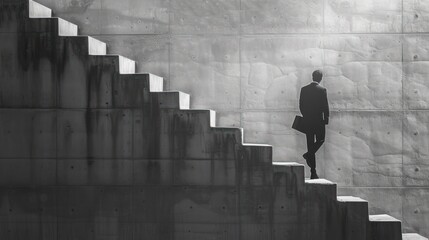 back and white businessman holding files climbing stairs on concrete wall