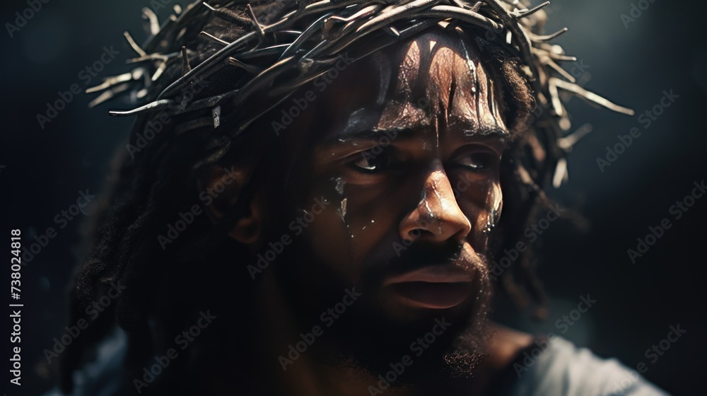 Wall mural portrait of black jesus christ with crown of thorns on his head.