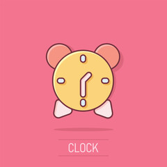 Clock icon in comic style. Watch cartoon vector illustration on isolated background. Timer splash effect business concept.