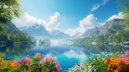 A tranquil lake surrounded by lush greenery and colorful flowers
