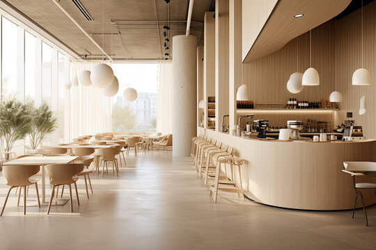 Interior design of cafe with wooden vintage style, decorated with warm and cozy tones, relaxing tones with classic old wood round corner counter and coffee machinery.