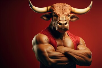 A strong, rugged bull with large horns, showing off his muscular body.