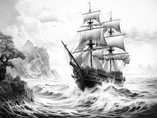 Pirate ship at sea. Black and white pencil drawing	 - 738025286