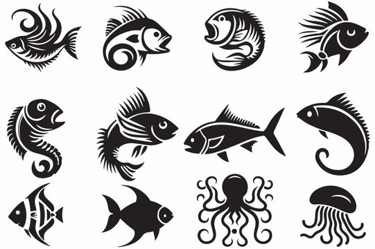 set of black and white fishes silhouette vector illustration 