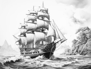 Pirate ship at sea. Black and white pencil drawing	