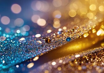 Gold Glitter Holiday Texture with White and Blue Glitter Balls Bokeh
