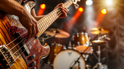 close up of hands of a bass player playing electric bass live in a concert - live music show concept