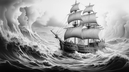 Pirate ship at sea. Black and white pencil drawing	 - 738025617