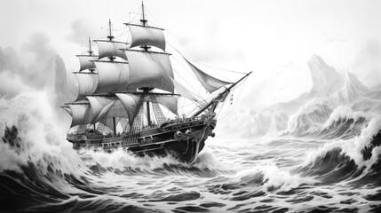 Pirate ship at sea. Black and white pencil drawing	 - 738025627