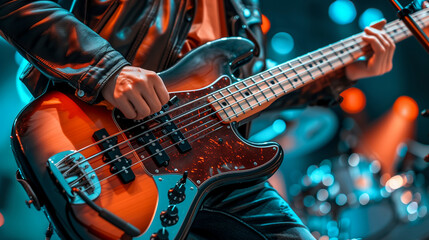 Naklejka premium close up of hands of a bass player playing electric bass live in a concert - live music show concept