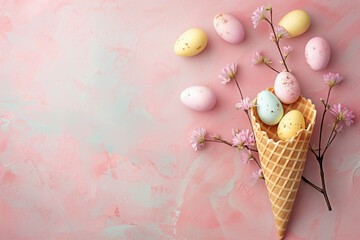 Pastel Easter eggs in a cone with pink flowers on a textured pink background.