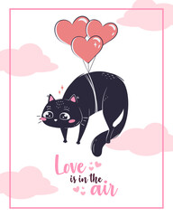 Printable cute valentine's day card template with black cat. The inscription love is in the air.