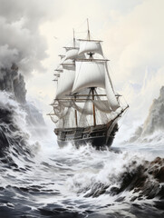 Pirate ship at sea. Black and white pencil drawing	