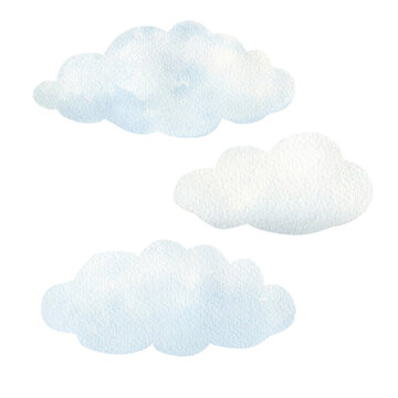Watercolor illustration of stylized cartoon clouds isolated, set. Watercolor texture, handmade