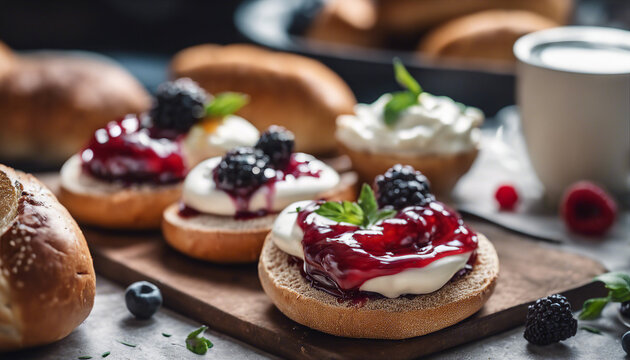 Set of fresh bread bagels with with berry jam and cheese cream. Healthy breakfast
