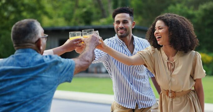 Party, cheers and family outdoor with birthday, drinks and happy from celebration on patio. Garden, alcohol and juice toast at brunch with a smile and laughing together with glasses in backyard