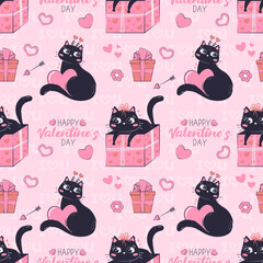 Template printed seamless pattern with black funny cat for Valentine's day isolated. Colorful love wrapping paper.