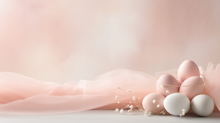 Minimalistyczne różowe tło na życzenia Wielkanocne. Alleluja - Wesołych świąt Wielkiej Nocy. Jajka, koszyczek, kwiaty i inne wiosenne dekoracje.