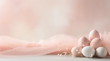 Foto op Aluminium Minimalistyczne różowe tło na życzenia Wielkanocne. Alleluja - Wesołych świąt Wielkiej Nocy. Jajka, koszyczek, kwiaty i inne wiosenne dekoracje. © yeseyes9