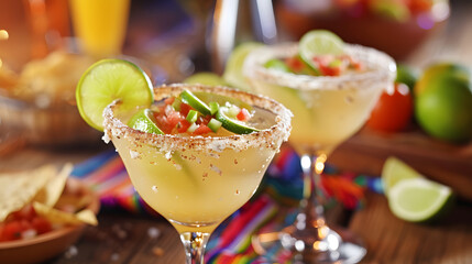 Mexican Margarita Cocktails with Fresh Lime and Fiesta Background