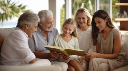 Fototapeta na wymiar Joyful Multi-Generational Caucasian Family Reading a Book Together, Smiling and Bonding in a Bright, Contemporary Living Room
