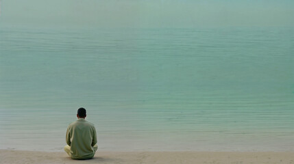Fototapeta premium Peaceful Young Adult Man Sitting Alone on the Beach, Contemplating the Tranquil Sea, with a Vast Horizon in the Background