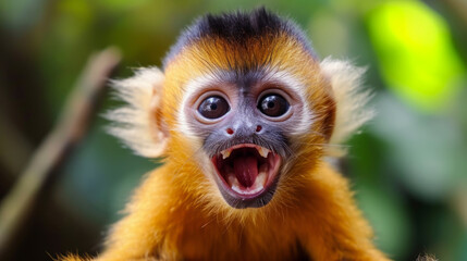 Obraz premium funny monkey. Comical animal making a funny face that's impossible not to chuckle at. Funny smiling animal. Perfect for lighthearted and amusing design projects.