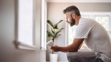 Concentrated Middle-Aged Caucasian Man Precisely Painting a Wall White Inside a Bright Home. Renovation, DIY, Interior Design
